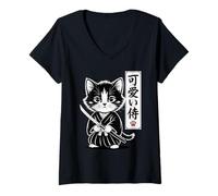Donna Kawaii Kitten Samurai Cat - Cute Baby Neko Maglietta con Collo a V