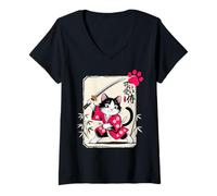 Donna Kawaii Kitten Samurai Cat - Gatto Chibi Maglietta con Collo a V