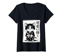 Donna Kawaii Kitten Samurai Cat - Giapponese Baby Neko Maglietta con Collo a V