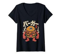 Donna Kawaii Mostro Burger Anime Giapponese Amante Del Cib Maglietta con Collo a V