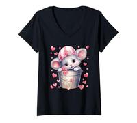 Donna Kawaii Mouse in Valentines Basket for Girls Cute Heart Maglietta con Collo a V