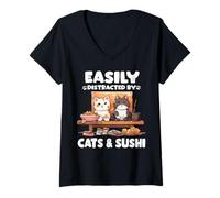 Donna Kawaii Neko - Gatto Giapponese Sushi Maki Maglietta con Collo a V