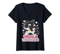 Donna Kawaii Orca Rainbow Whale Guardando Chibi Whale Girls Maglietta con Collo a V