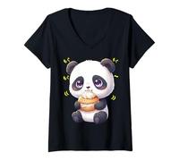 Donna Kawaii Panda Bamboo Bear Munching Felicemente Maglietta con Collo a V