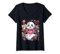 Donna Kawaii Panda with Heart Sweet Panda Bear with a Heart Symbol Maglietta con Collo a V