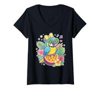 Donna Kawaii Parrot Occhiali da Sole Tropical Summer Design Maglietta con Collo a V