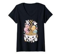 Donna Kawaii Pasqua Ramen Carino Bunny & Egg Noodles Food Lover Maglietta con Collo a V