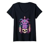 Donna Kawaii Pastel Goth Carino Creepy Occulto Capra Scheletro Candela Maglietta con Collo a V