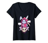 Donna Kawaii Pastel Goth Cute Creepy Rabbit & Skull Menhera Occult Maglietta con Collo a V