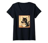 Donna Kawaii Ramen Cat Retro Japanese Noodles Opera d'Arte Maglietta con Collo a V