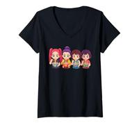 Donna Kawaii Ramen Friends Quattro Chibi Bambini Slurping Noodles Food Maglietta con Collo a V