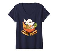 Donna Kawaii Ramen Ghost Noodles Soul Food Amante Maglietta con Collo a V