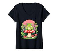 Donna Kawaii Rana su Fungo Cartoon Cute Forest Animal Art Maglietta con Collo a V