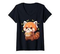Donna Kawaii Red Panda Bamboo Cat Munching Felicemente Maglietta con Collo a V
