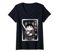 Donna Kawaii Samurai Cat - Carino Giapponese Katana Maglietta con Collo a V
