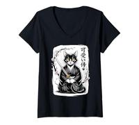 Donna Kawaii Samurai Cat - Carino Giapponese Katana - Sumi-e Maglietta con Collo a V