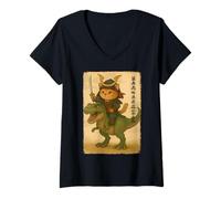 Donna Kawaii Samurai Cat Equitazione T-Rex Dinosauro Vintage Giappone Bambini Maglietta con Collo a V