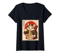 Donna Kawaii Samurai Cat Mangia Ramen Anime Design Maglietta con Collo a V