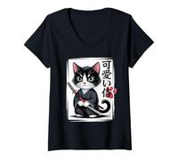 Donna Kawaii Samurai Cat - Simpatico Gatto Giapponese Katana Maglietta con Collo a V