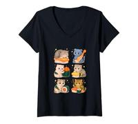 Donna Kawaii Scottish Fold Sushi Cat Set in stile Chibi Food Maglietta con Collo a V