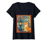 Donna Kawaii Shiba Inu Matcha Boba Giapponese Carino Anime Amante dei Cani Maglietta con Collo a V