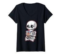 Donna Kawaii Skeleton Bubble Milk Tea Halloween Boba Maglietta con Collo a V