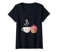 Donna Kawaii Tazza da caffè e Cupcake panetteria Dolce Dessert Amante Maglietta con Collo a V
