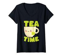 Donna Kawaii Tea Time Carino Sorridente tè Maglietta con Collo a V