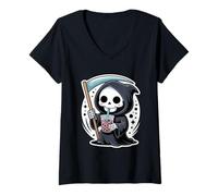 Donna Kawaii Tristo Mietitore Bolla Latte tè Halloween Boba Tea Maglietta con Collo a V
