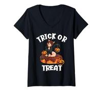 Donna Kawaii trucco o scherzetto sexy gatto nero anime ragazza Halloween Maglietta con Collo a V