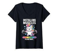 Donna Kawaii Unicorn Gym Allenamento Pesi Divertente Maglietta con Collo a V