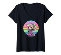 Donna Kawaii Unicorn Ninja Girl - Simpatica squadra prescolare Dream Kungfu Maglietta con Collo a V