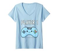 Donna Kawaii Video Game Controller Player 1 Adorabile Squadra di Corrispondenza Maglietta con Collo a V