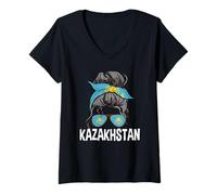 Donna Kazakistan Ragazza Disordinato Capelli Chignon Kazako Donne Ragazze Maglietta con Collo a V