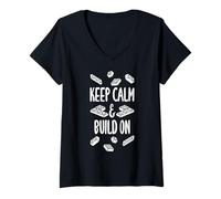 Donna Keep Calm And Build On Block Building Brick Builder Divertente Maglietta con Collo a V