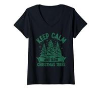 Donna Keep Calm And Farm, Alberi di Natale Maglietta con Collo a V