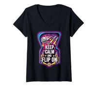 Donna Keep Calm And Flip On Retro Pinball Arcade Game Maglietta con Collo a V