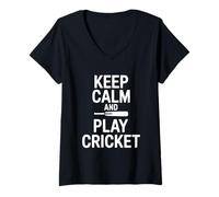Donna Keep Calm And Play Cricket Fun Sport Appassionato Maglietta con Collo a V