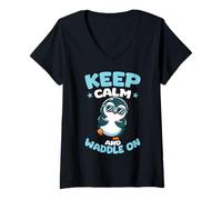 Donna Keep Calm And Waddle On Cute Penguin Occhiali da Sole Maglietta con Collo a V