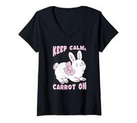 Donna Keep Calm Carrot On Cute Bunny Coniglio Design Maglietta con Collo a V