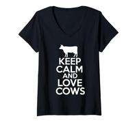 Donna Keep Calm & Love Cows, Costume da Fattoria Divertente per Amanti degli Animali Maglietta con Collo a V