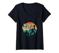 Donna Keep It Squatchy Retro Foresta Tramonto Maglietta con Collo a V