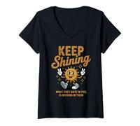 Donna Keep Shining Retro Sunshine Positiva e Motivazionale Maglietta con Collo a V