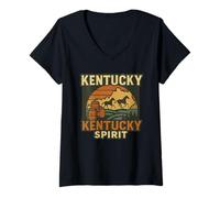 Donna Kentucky Spirit Camicia Tramonto Cavalli Barili State Map Pride Maglietta con Collo a V