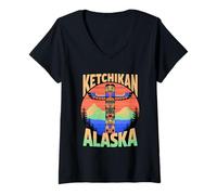 Donna Ketchikan Alaska Indiano Nativo Americano Totem Pole Maglietta con Collo a V