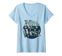 Donna Key West USA - Chitarra Grafica Tramonto Maglietta con Collo a V