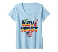 Donna Key West USA - Chitarra Grafica Tramonto Maglietta con Collo a V