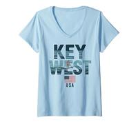 Donna Key West USA - Chitarra Grafica Tramonto Maglietta con Collo a V