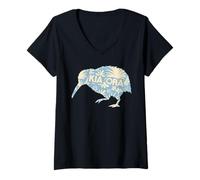 Donna Kia Ora Kiwi Bird Nuova Zelanda Maglietta con Collo a V