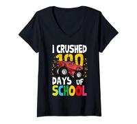 Donna Kids I Crushed 100 Days Of School - Regali per ragazzi Monster Truck Maglietta con Collo a V